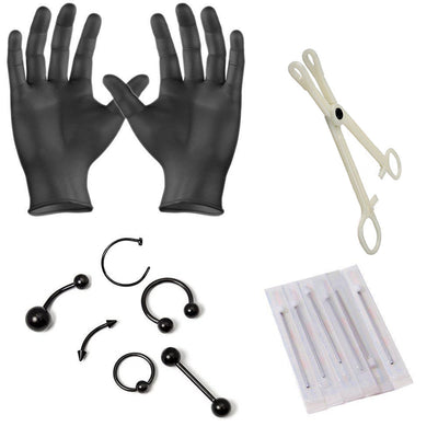Starter Body Piercing Kit Black 14pcs for Belly Tongue Eyebrow Nipple Lip Nose