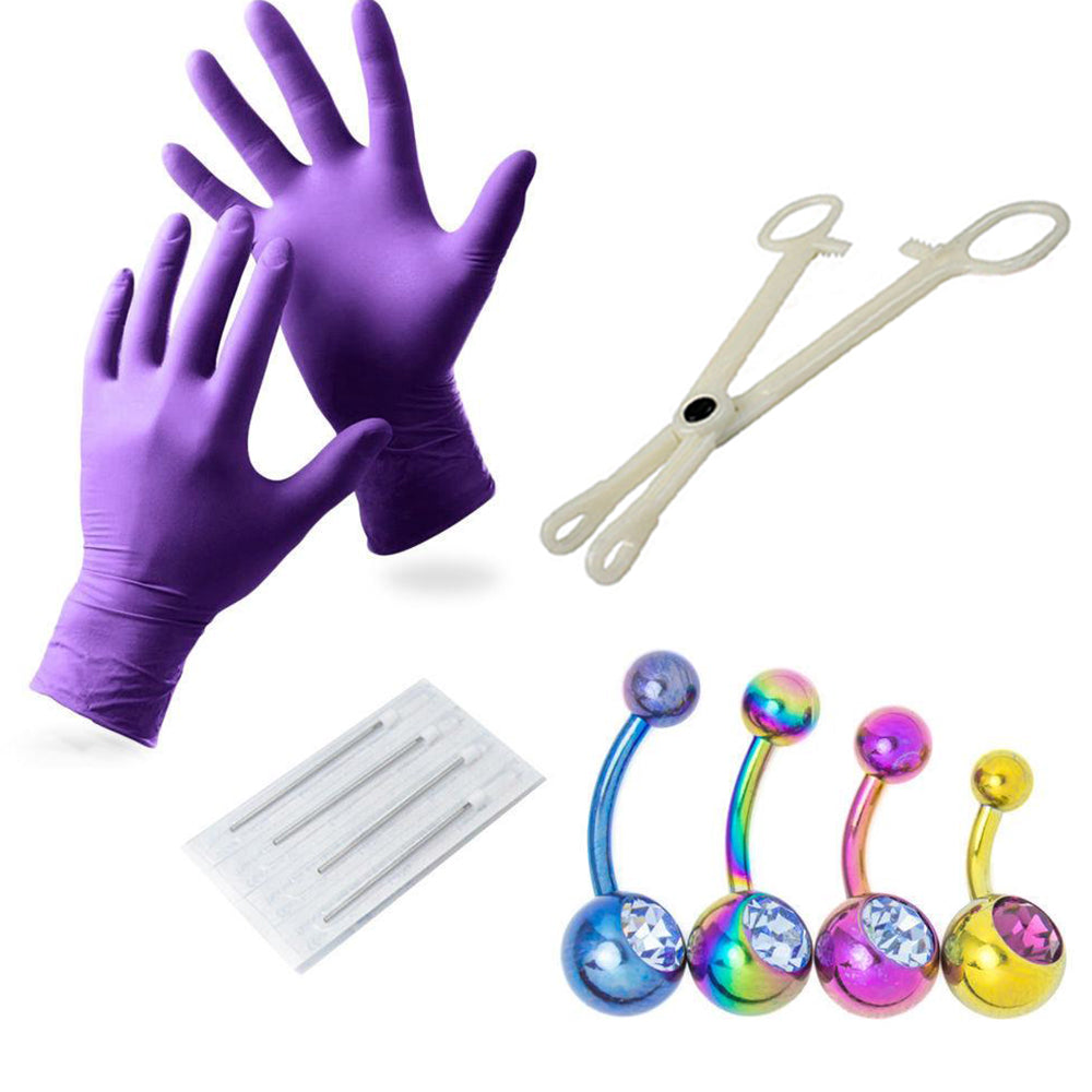 Belly Piercing Kit - 10-Piece Kit w/Gloves, Needles, Tool and 4 Belly Rings