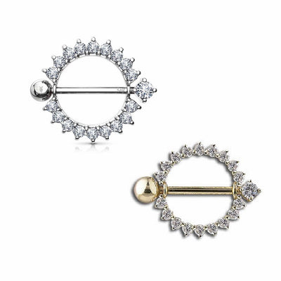 Real Solid 14K Gold Barbell Nipple Shield 14G with CZ  Nipple Ring 12mm SOLD AS A PAIR