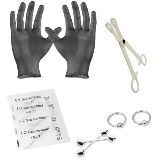 10 Pcs. 12 Gauge Piercing Kit incl. Captives, Barbell, Needles, Forceps, Gloves