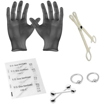10 Pcs. 12 Gauge Piercing Kit incl. Captives, Barbell, Needles, Forceps, Gloves