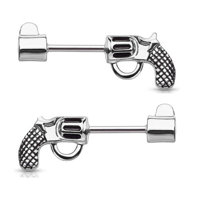 Nipple Barbells with a Pistol Design Surgical Steel 14 Gauge - Sold as a Pair