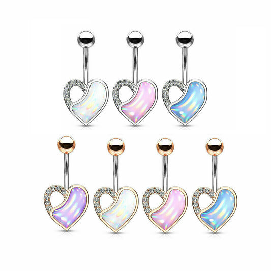 Belly Button Ring with Crystal Paved and Illuminating Stone Filled Heart - 14g